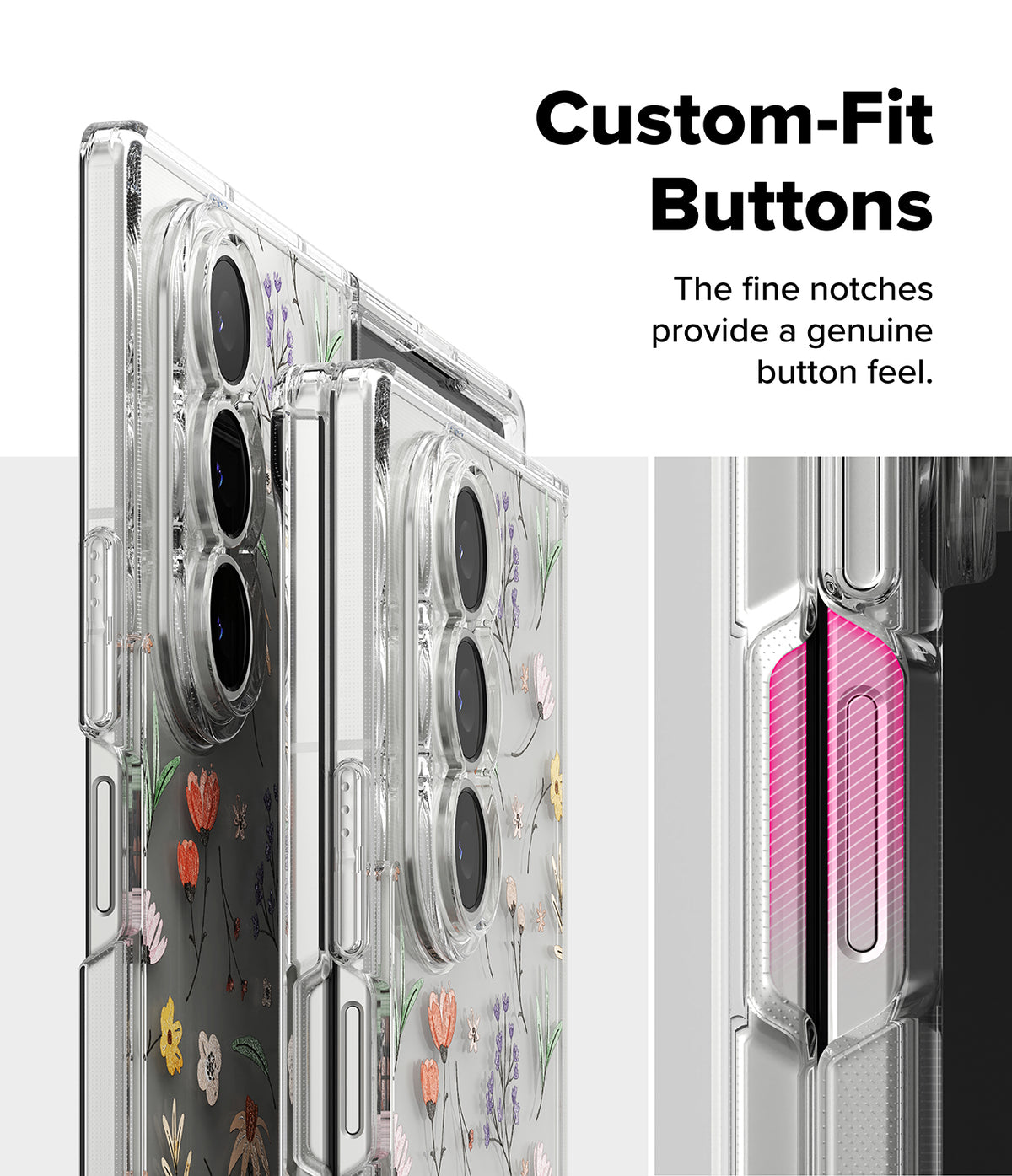 Galaxy Z Fold 7 Case | Fusion Design - Clear phone case with floral patterns highlighting precise button cutouts.