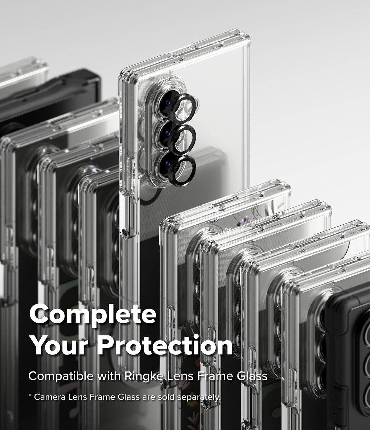 Galaxy Z Fold 7 Case | Fusion Design - Multiple clear phone cases arranged in a row, highlighting camera lens protection.