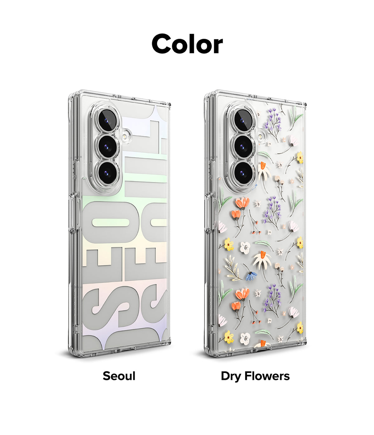 Galaxy Z Fold 7 Case | Fusion Design - Two clear phone cases featuring Seoul typography and colorful floral patterns.