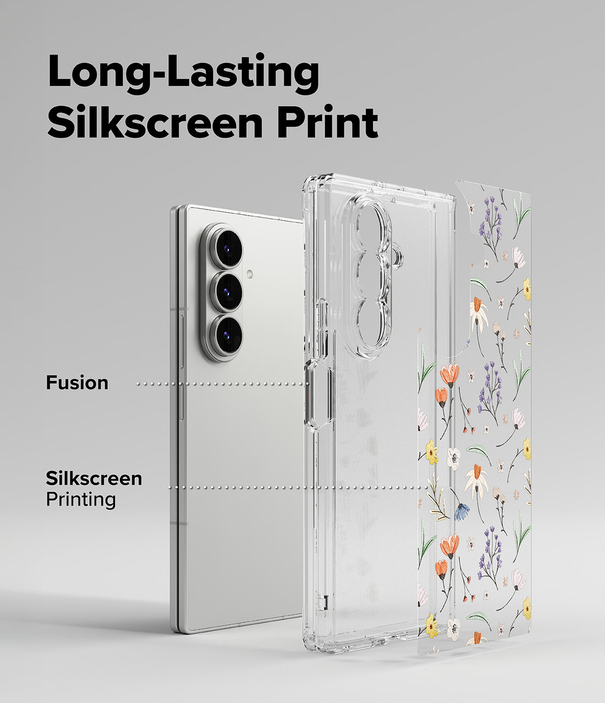 Galaxy Z Fold 7 Case | Fusion Design - Exploded view of a phone case with a floral silkscreen print layer and clear shell.