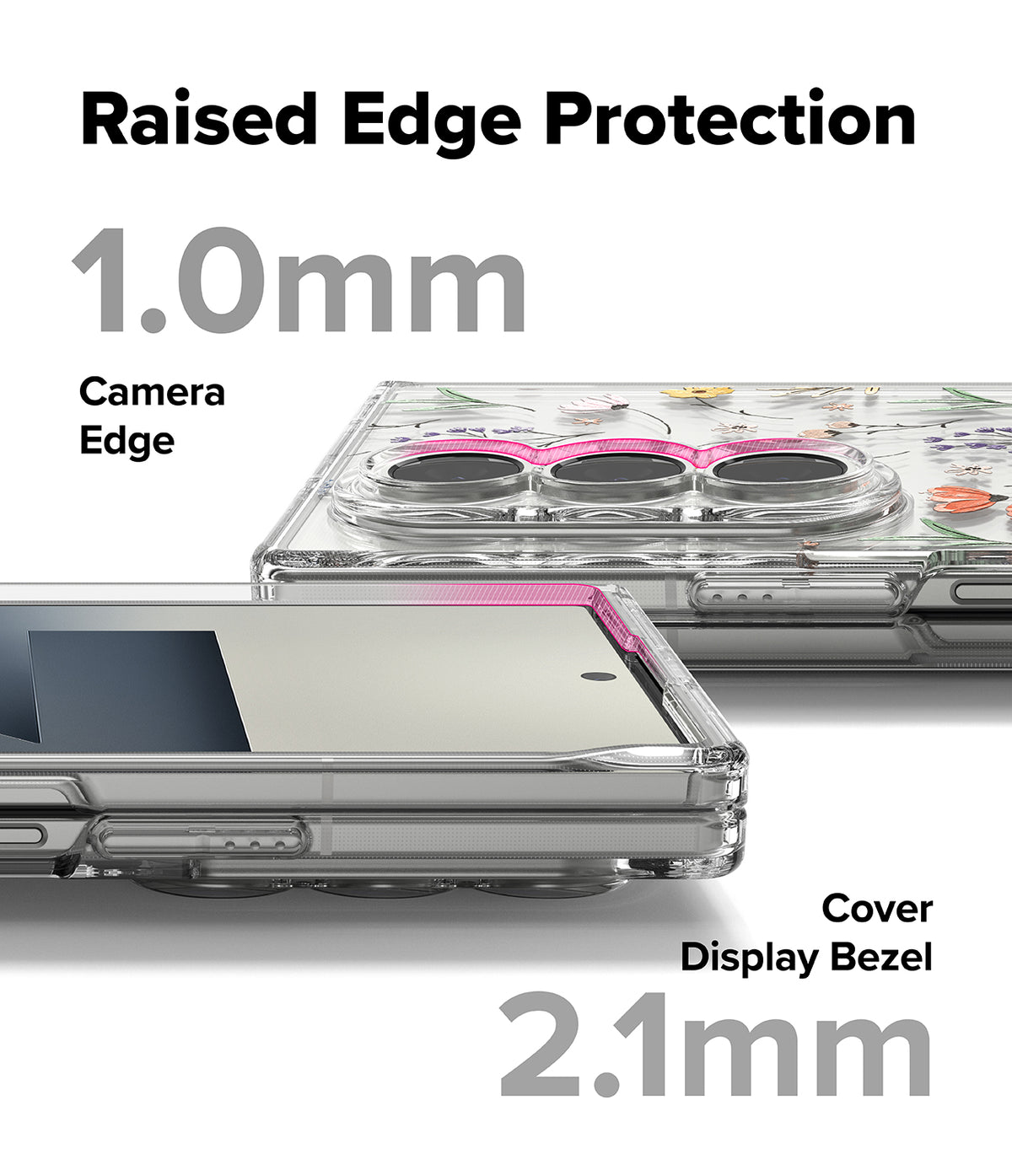 Galaxy Z Fold 7 Case | Fusion Design - Close-up of phone case showing 1.0mm camera edge and 2.1mm display bezel protection.