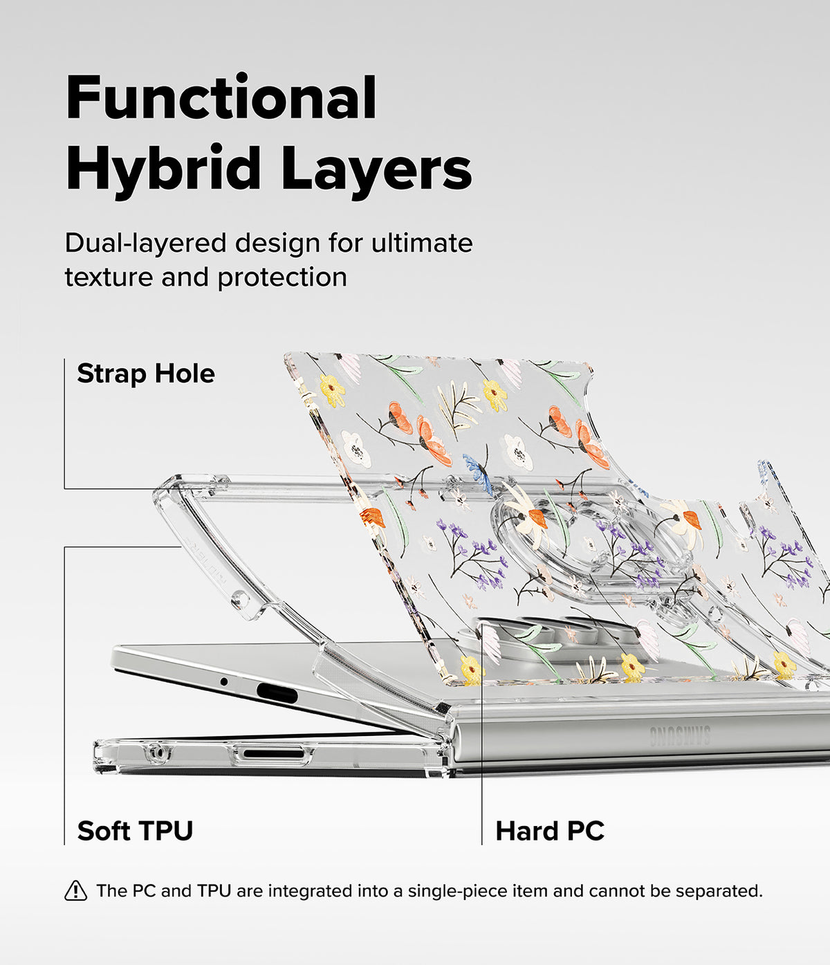 Galaxy Z Fold 7 Case | Fusion Design - Floral clear case showing soft TPU and hard PC layers with a strap hole feature.