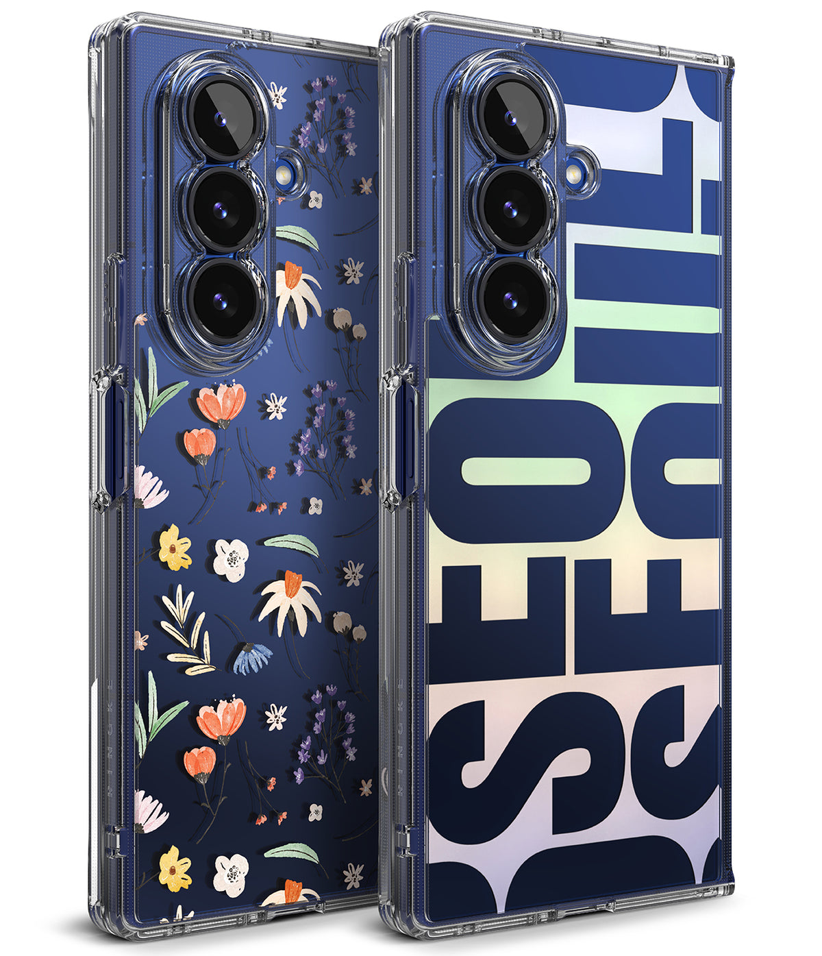 Galaxy Z Fold 7 Case | Fusion Design - Two clear phone cases featuring floral patterns and bold typography on blue backgrounds.