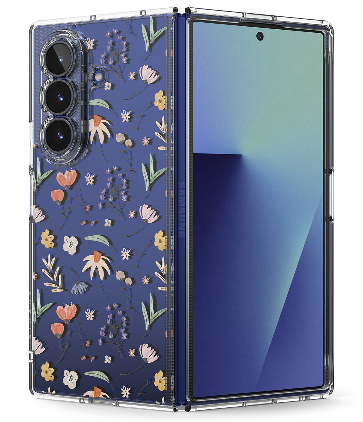 Galaxy Z Fold 7 Case | Fusion Design - Foldable phone in a clear case with a blue floral pattern on the back.