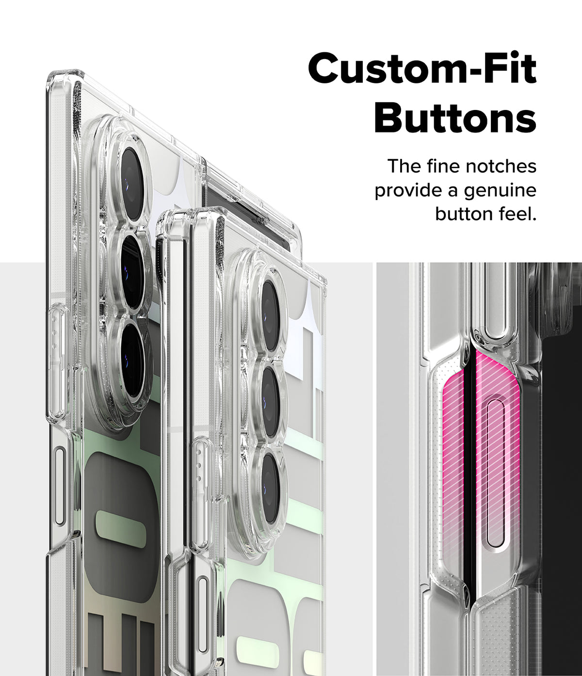 Galaxy Z Fold 7 Case | Fusion Design - Clear phone case showing detailed side buttons with a highlighted pink textured area.