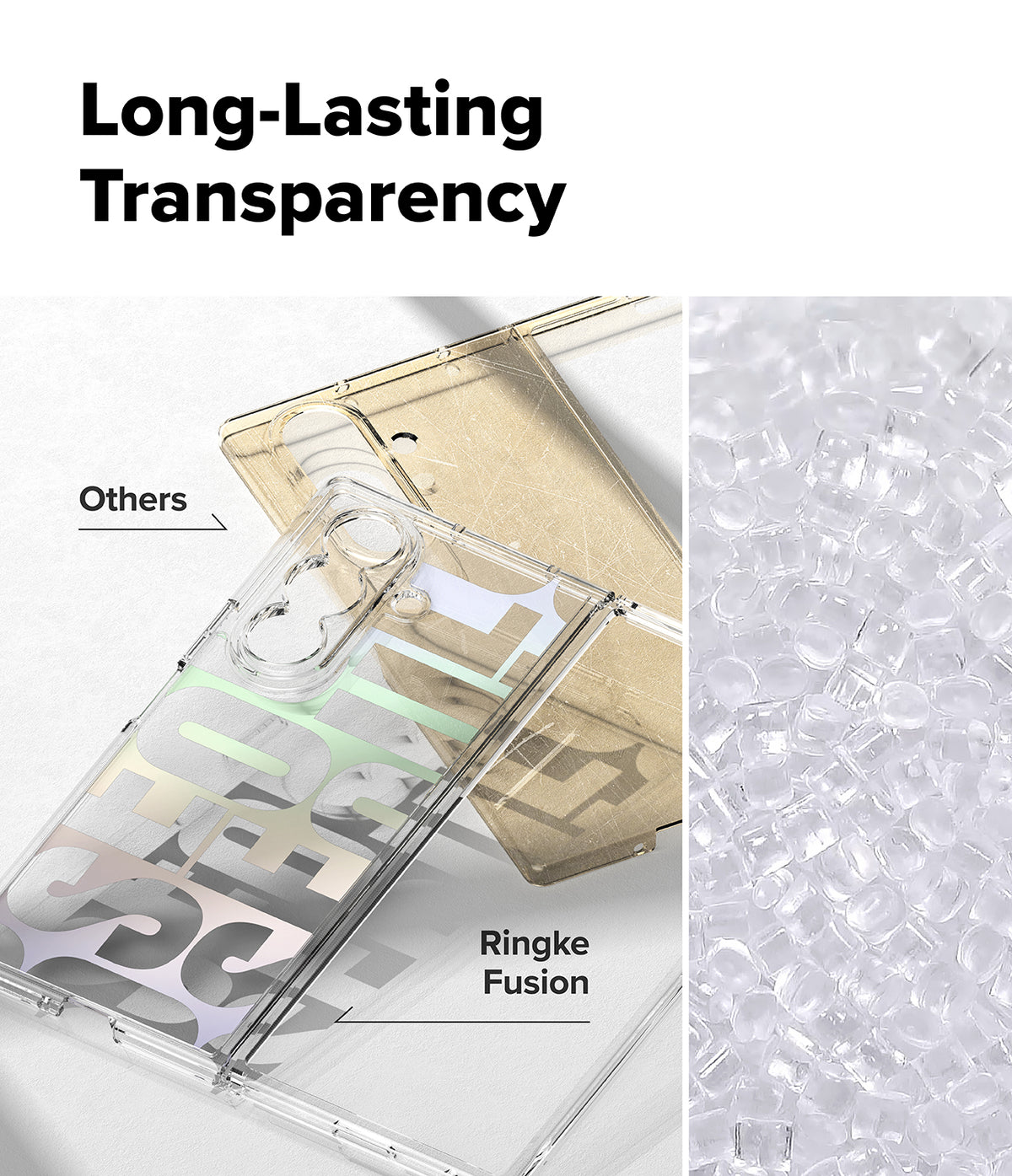 Galaxy Z Fold 7 Case | Fusion Design - Comparison of a yellowed standard case and a clear, transparent Ringke case.