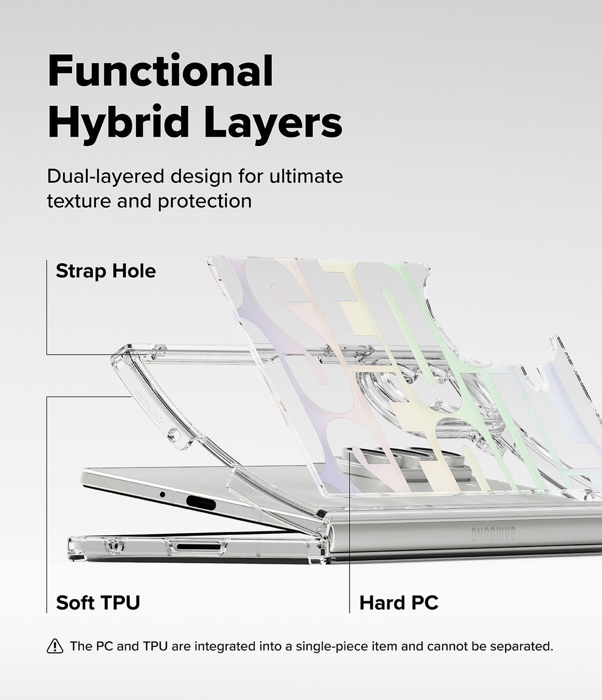 Galaxy Z Fold 7 Case | Fusion Design - Exploded view of a hybrid phone case showing soft TPU and hard PC layers.