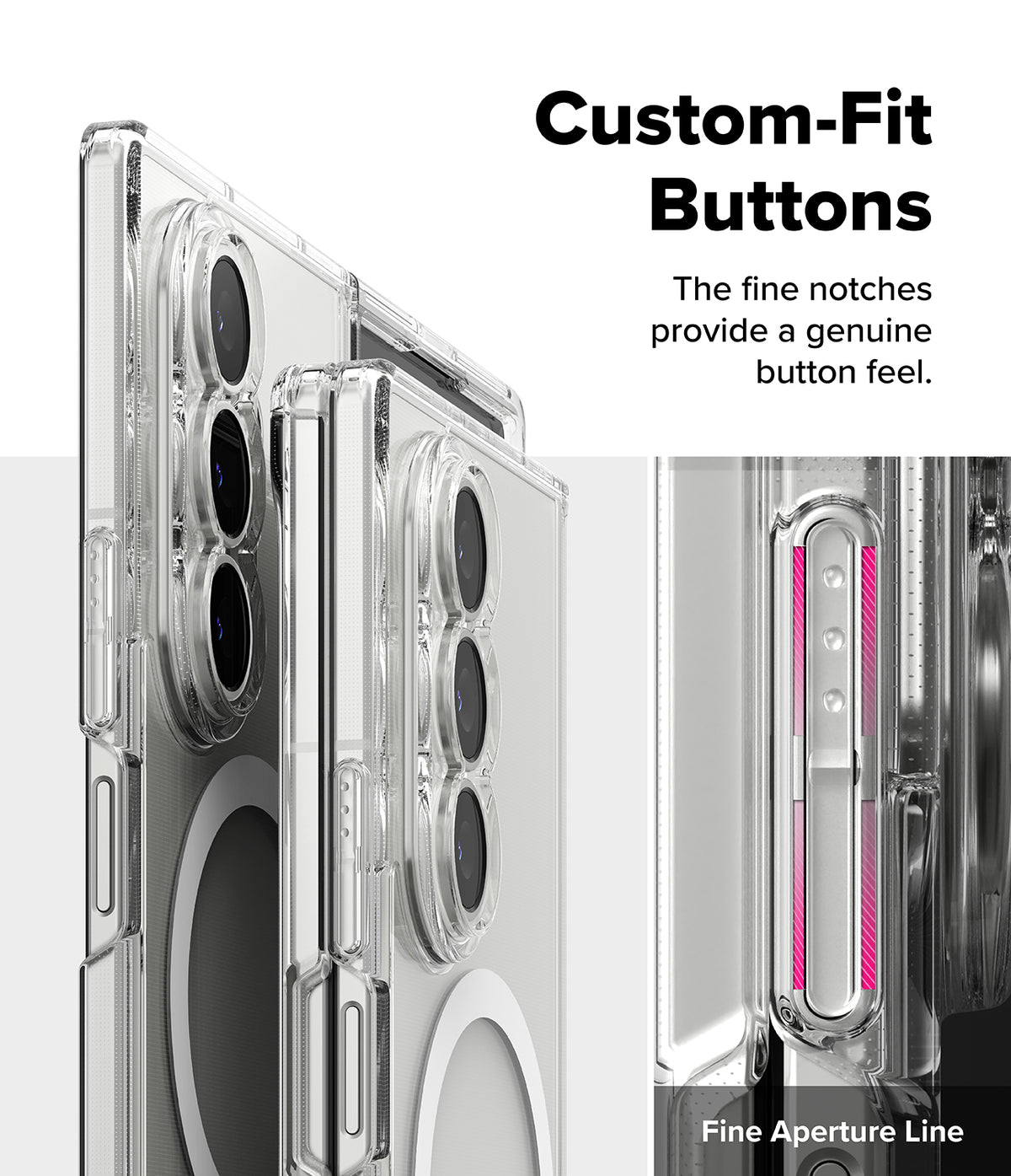 Galaxy Z Fold 7 Case | Fusion Magnetic - Clear phone case showing detailed button cutouts and a highlighted aperture line.