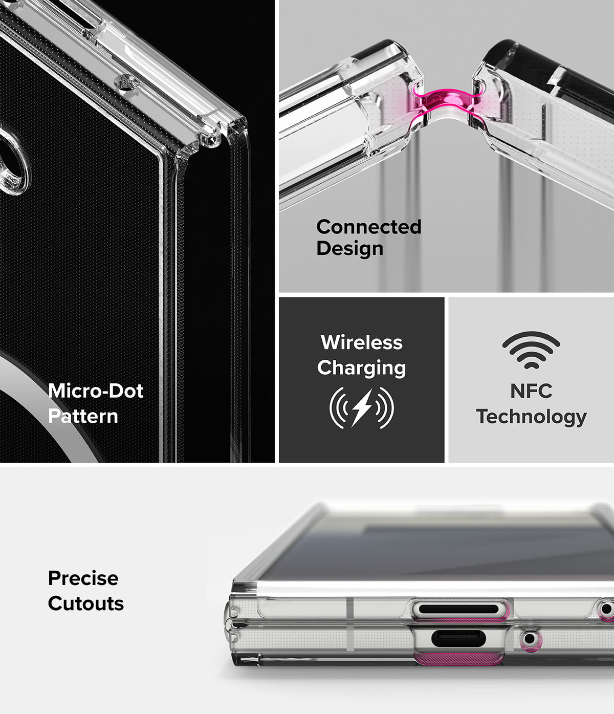 Galaxy Z Fold 7 Case | Fusion Magnetic - Clear case features, micro-dot pattern, hinge design, wireless charging, and cutouts.