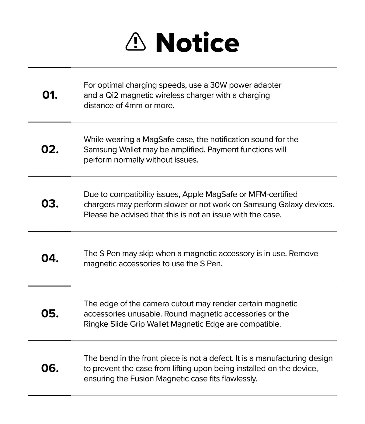 Galaxy Z Fold 7 Case | Fusion Magnetic - A numbered list of six technical notices regarding magnetic case usage.