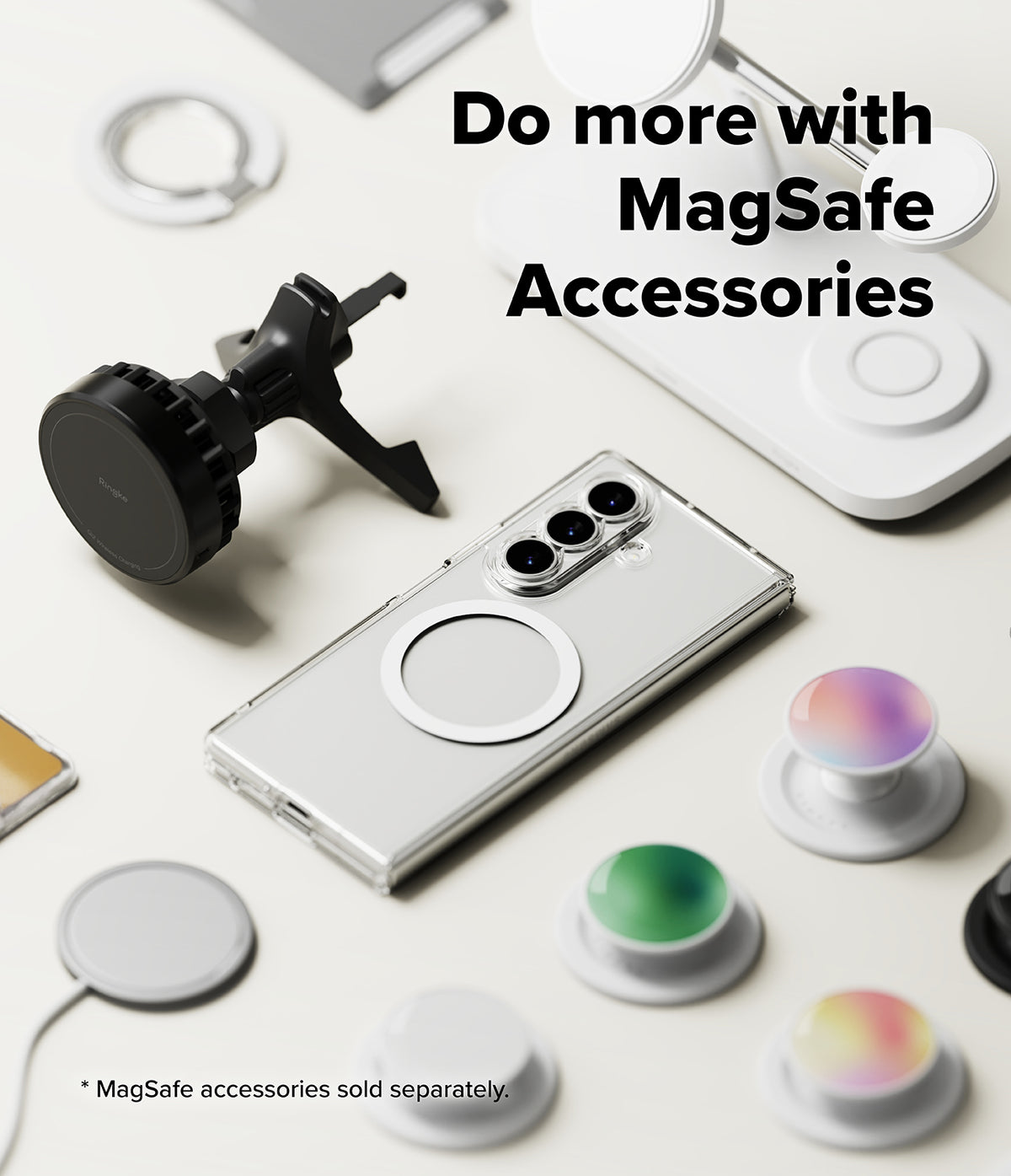 Galaxy Z Fold 7 Case | Fusion Magnetic - Clear phone case with magnetic ring surrounded by various MagSafe accessories.
