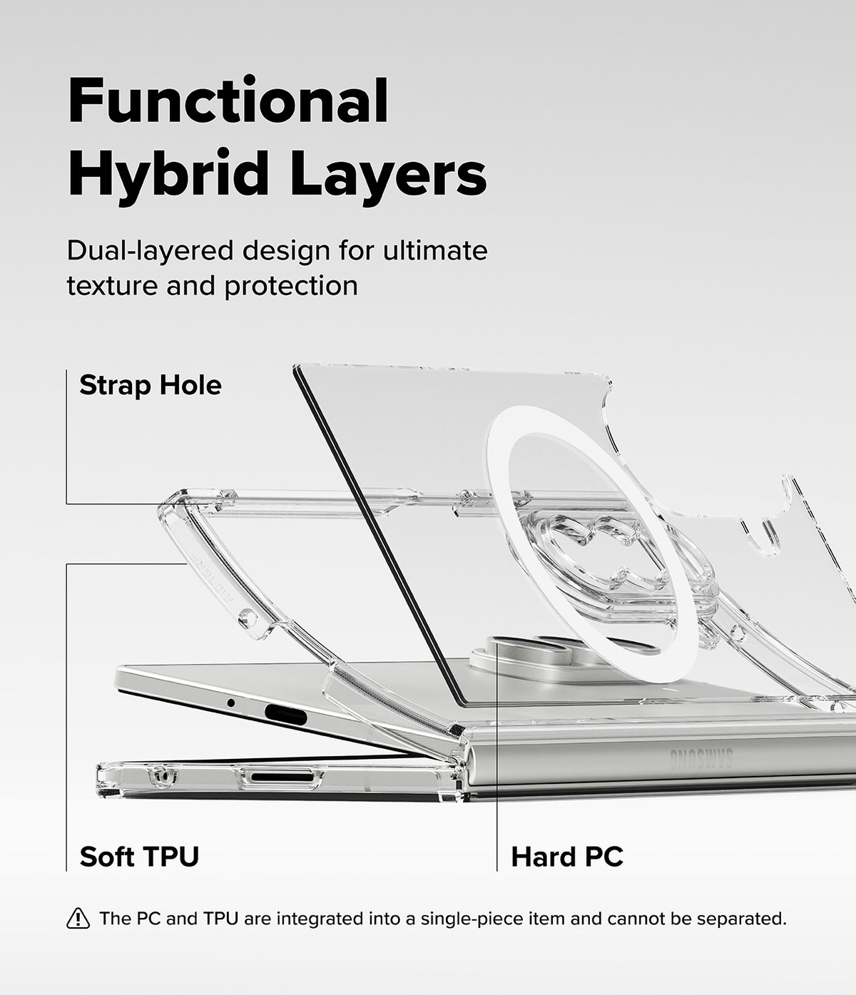 Galaxy Z Fold 7 Case | Fusion Magnetic - Exploded view of a clear hybrid phone case showing TPU and PC layers.