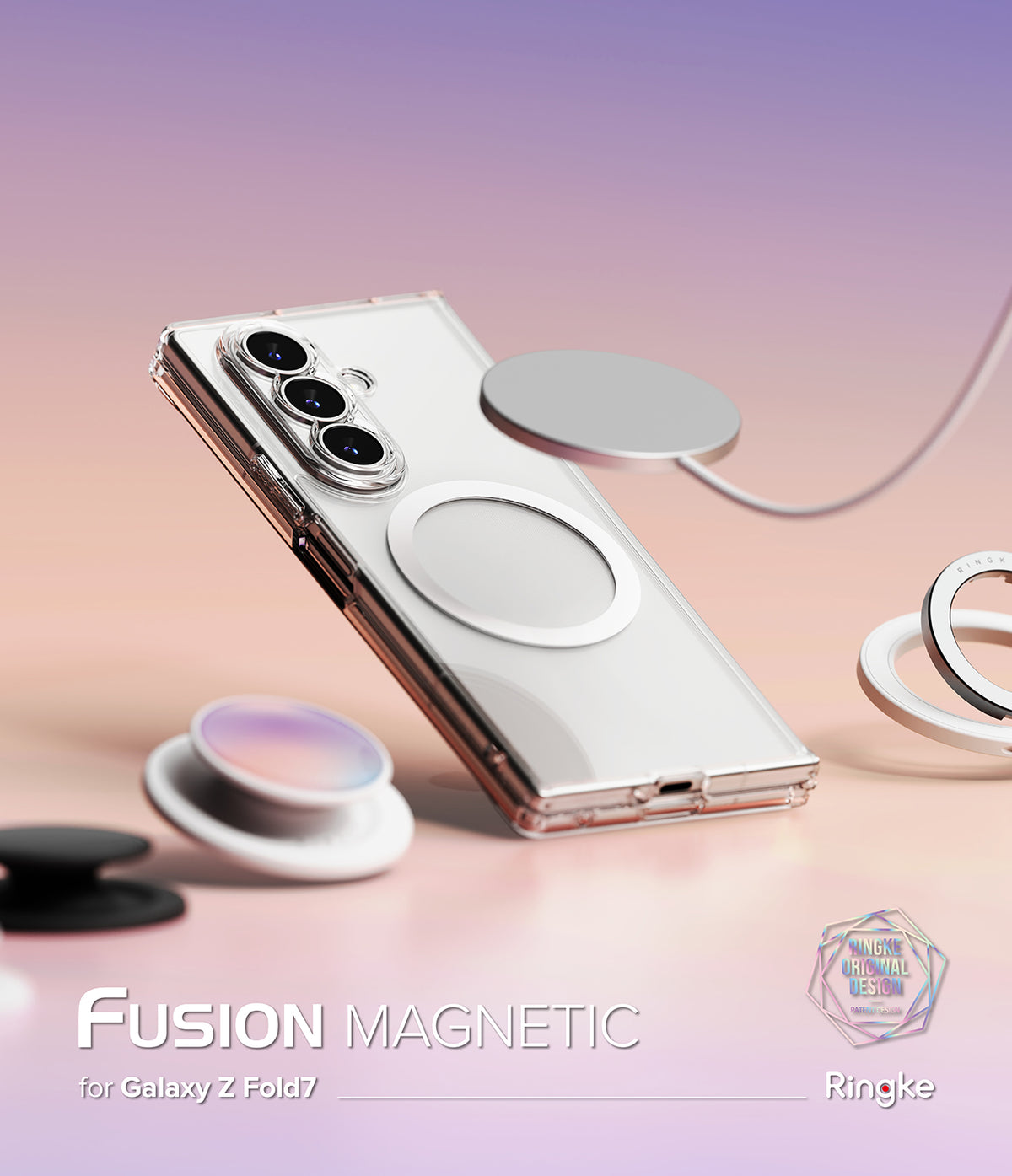 Galaxy Z Fold 7 Case | Fusion Magnetic - Clear phone case with magnetic ring, floating charger, and accessories on gradient background.