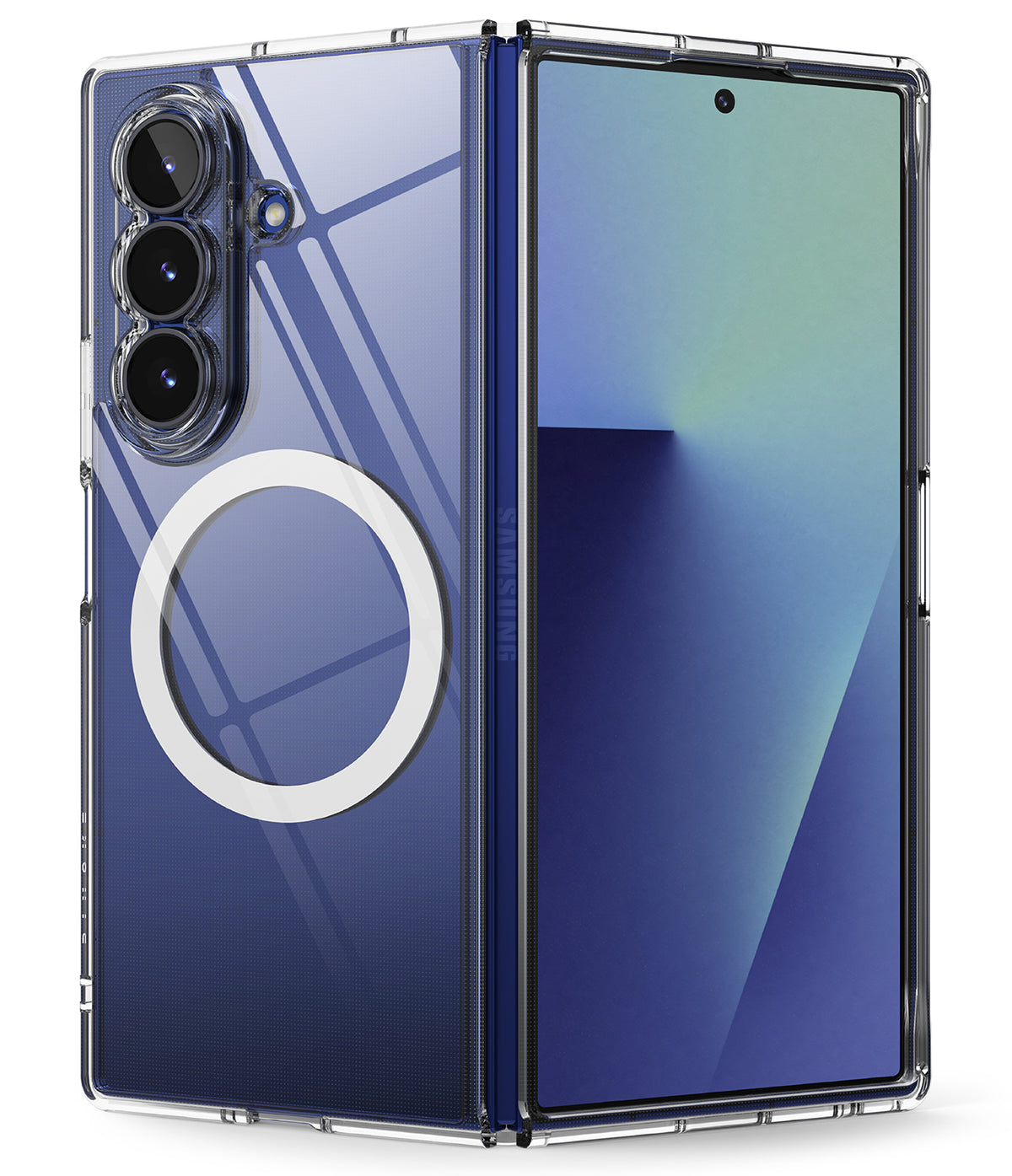 Galaxy Z Fold 7 Case | Fusion Magnetic - Clear protective case with white magnetic ring on a blue Galaxy Z Fold 7.