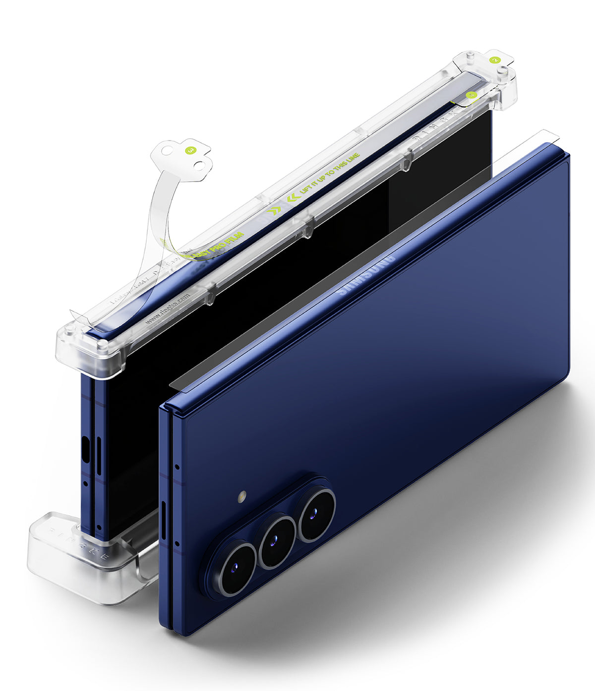 Galaxy Z Fold 7 Screen Protector | Hinge Dual Easy Pro Film (2 Pack) - Blue phone in a clear plastic installation guide frame with a hinge film being applied.