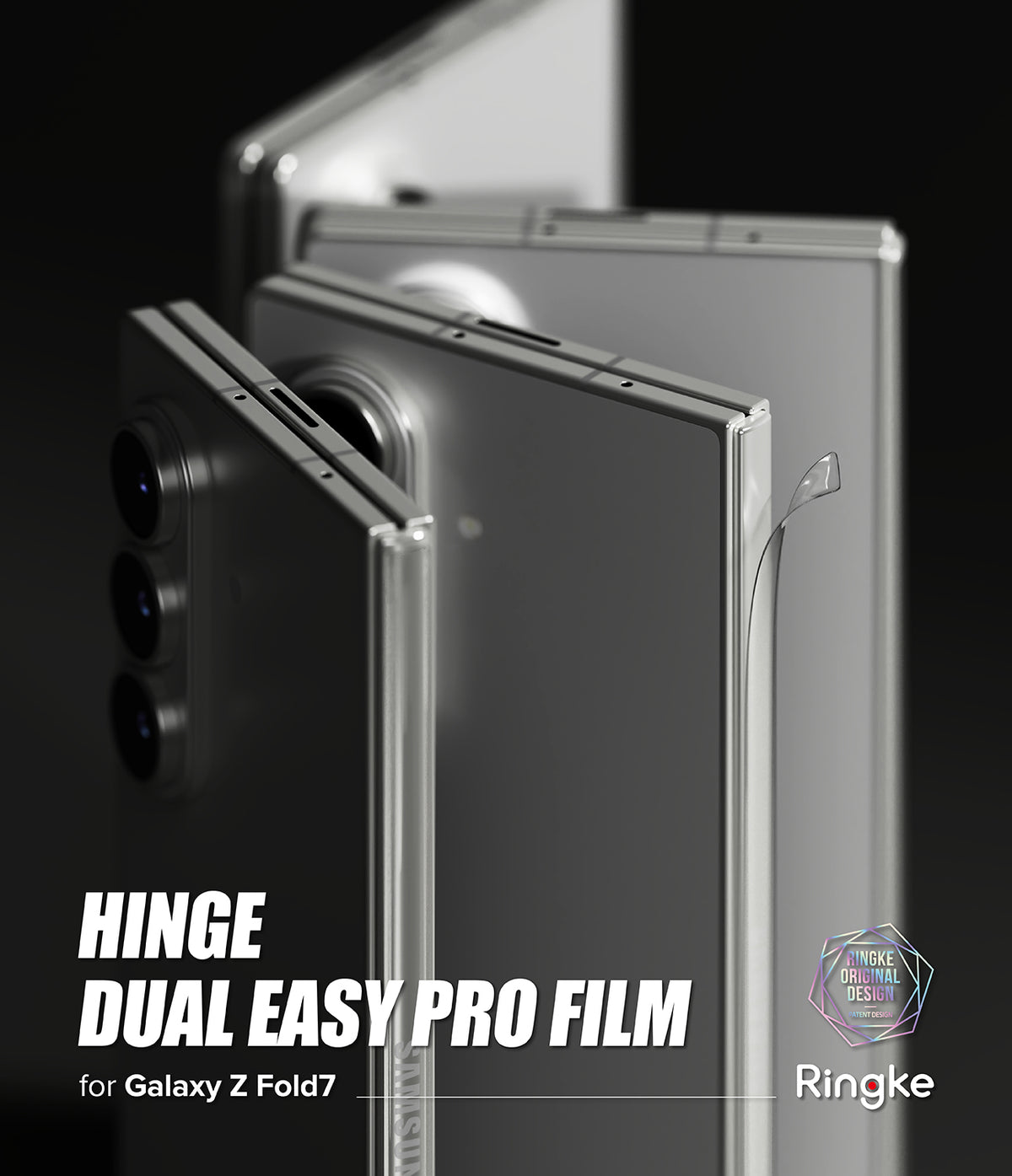 Galaxy Z Fold 7 Screen Protector | Hinge Dual Easy Pro Film (2 Pack) - Clear hinge film being applied to the silver hinge of a Galaxy Z Fold 7 smartphone.
