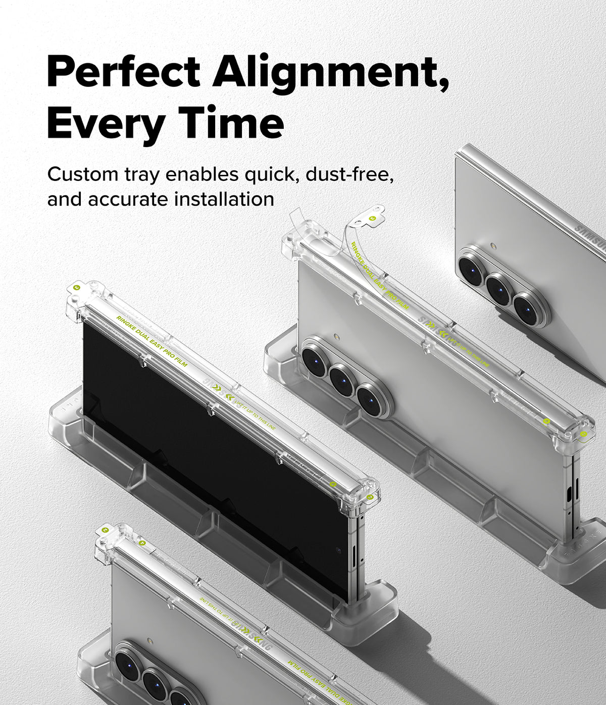 Galaxy Z Fold 7 Screen Protector | Hinge Dual Easy Pro Film (2 Pack) - Three Galaxy Z Fold phones in clear installation trays for precise hinge film application.