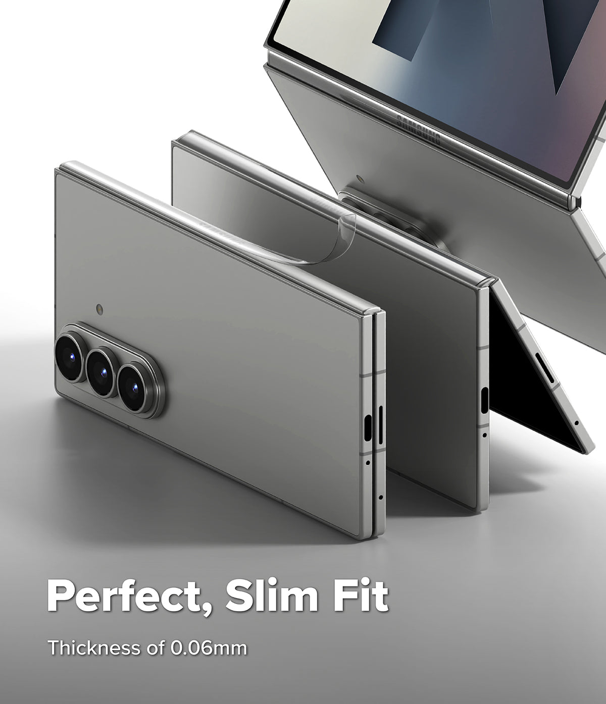 Galaxy Z Fold 7 Screen Protector | Hinge Dual Easy Pro Film (2 Pack) - Transparent hinge film applied to a silver Galaxy Z Fold 7 with 0.06mm thickness.