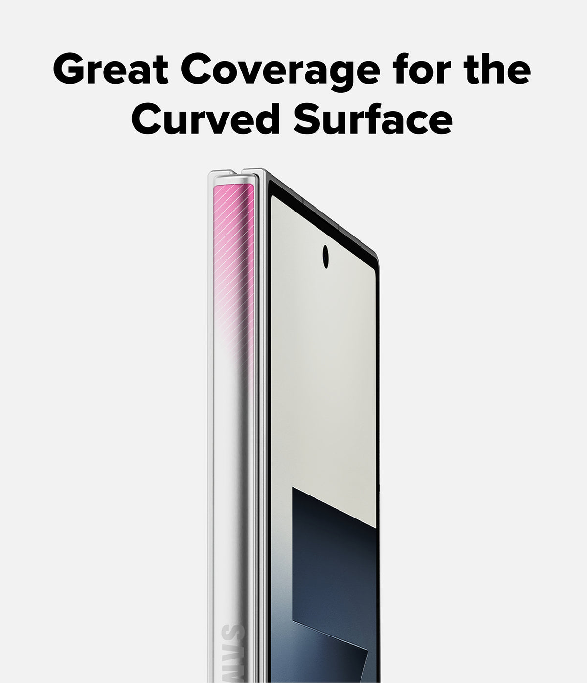 Galaxy Z Fold 7 Screen Protector | Hinge Dual Easy Pro Film (2 Pack) - Side view of a phone hinge covered by a protective film with a pink diagonal pattern.