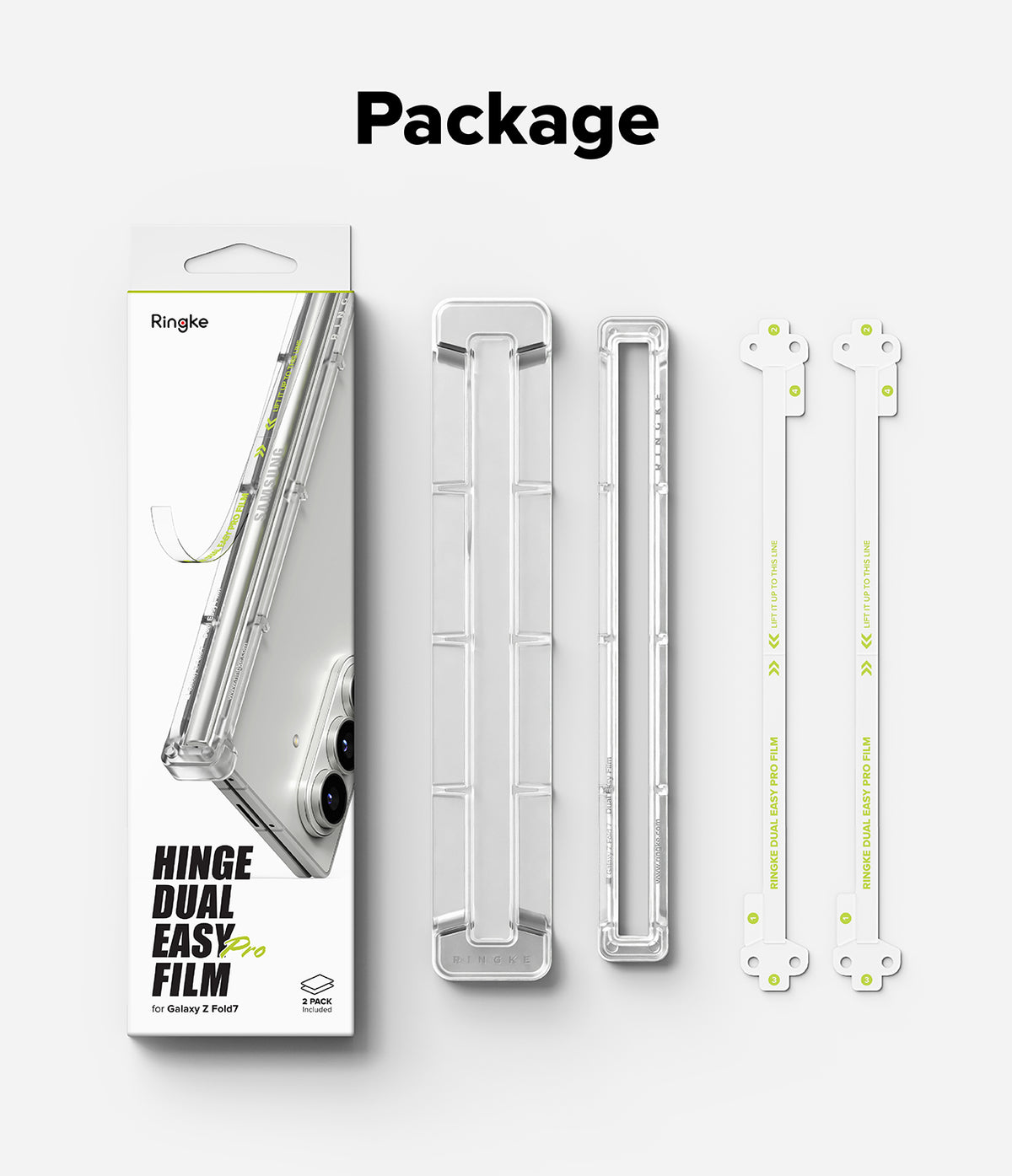 Galaxy Z Fold 7 Screen Protector | Hinge Dual Easy Pro Film (2 Pack) - Ringke hinge film packaging with two installation frames and two adhesive film strips.