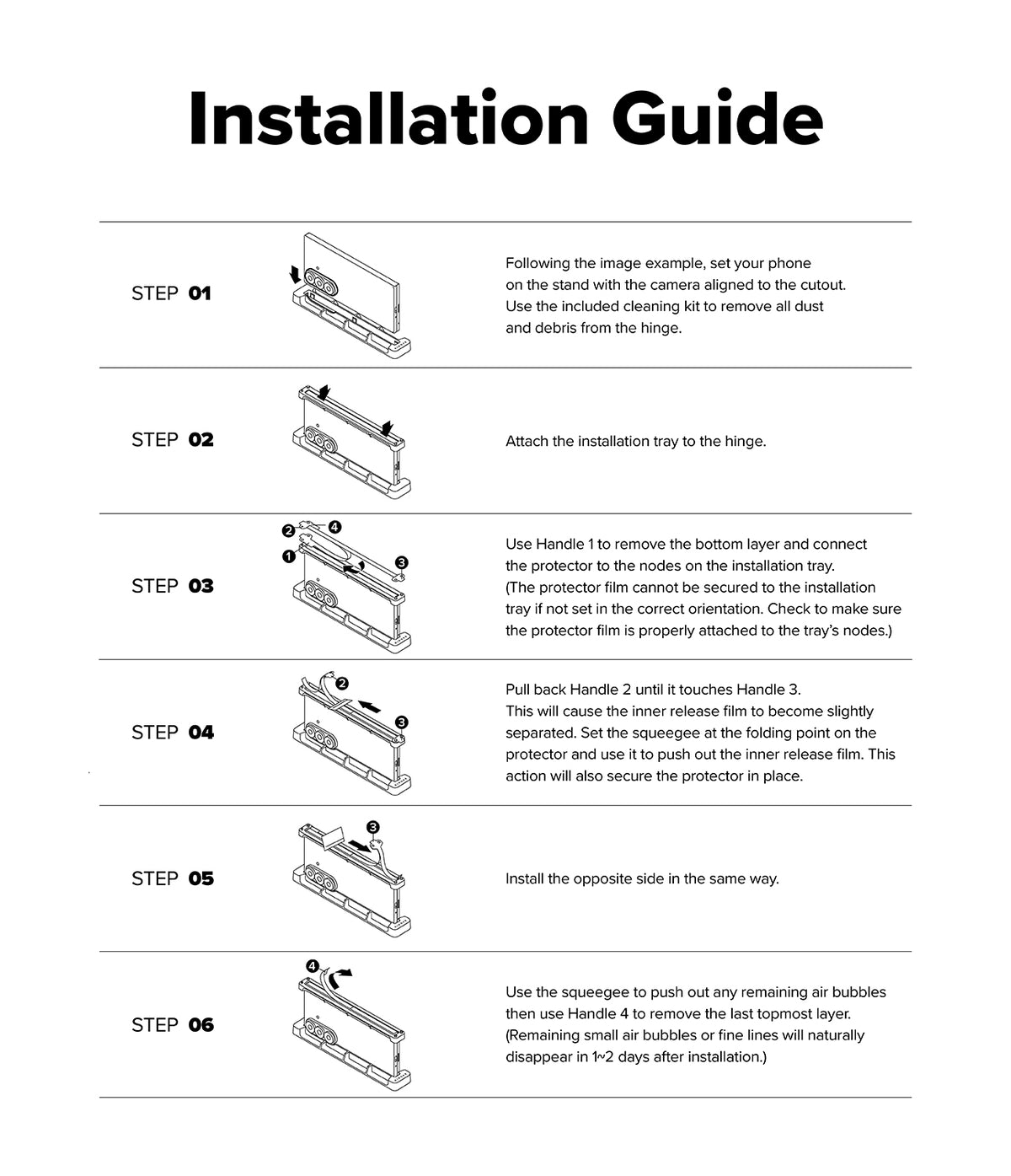 Galaxy Z Fold 7 Screen Protector | Hinge Dual Easy Pro Film (2 Pack) - Six-step illustrated installation guide for applying a hinge film using a tray.