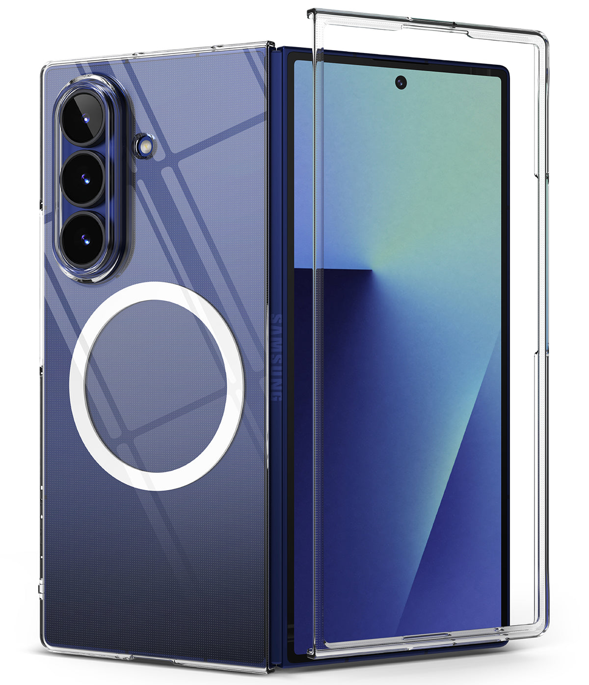 Galaxy Z Fold 7 Case | Slim Magnetic - Clear magnetic case on a blue Galaxy Z Fold 7 with a visible camera array.
