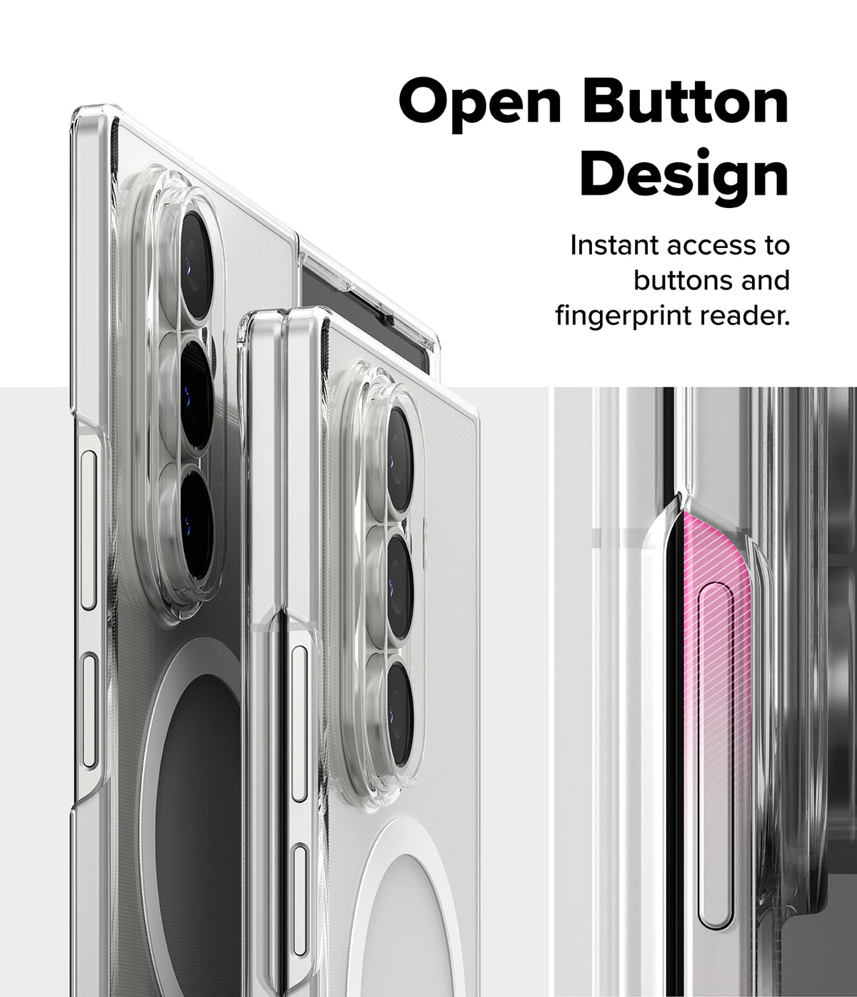 Galaxy Z Fold 7 Case | Slim Magnetic - Clear phone case showing open button cutouts for easy fingerprint access.