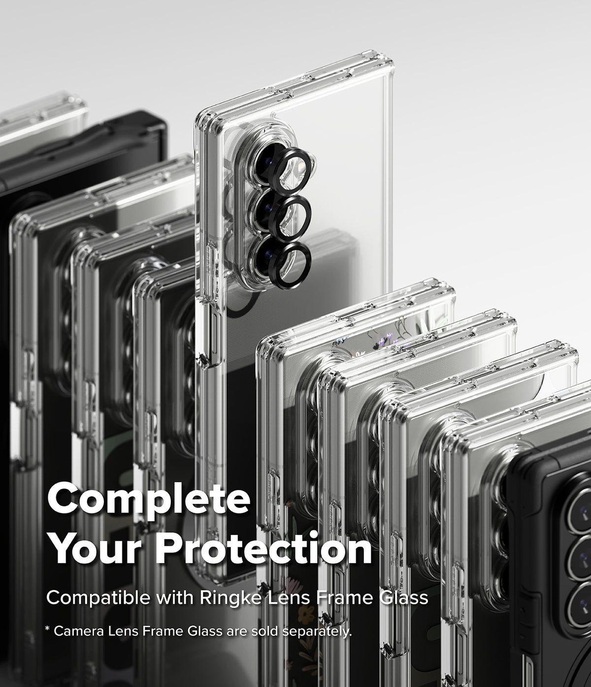 Galaxy Z Fold 7 Case | Slim Magnetic - Multiple clear phone cases arranged in a row with black camera lens protectors.