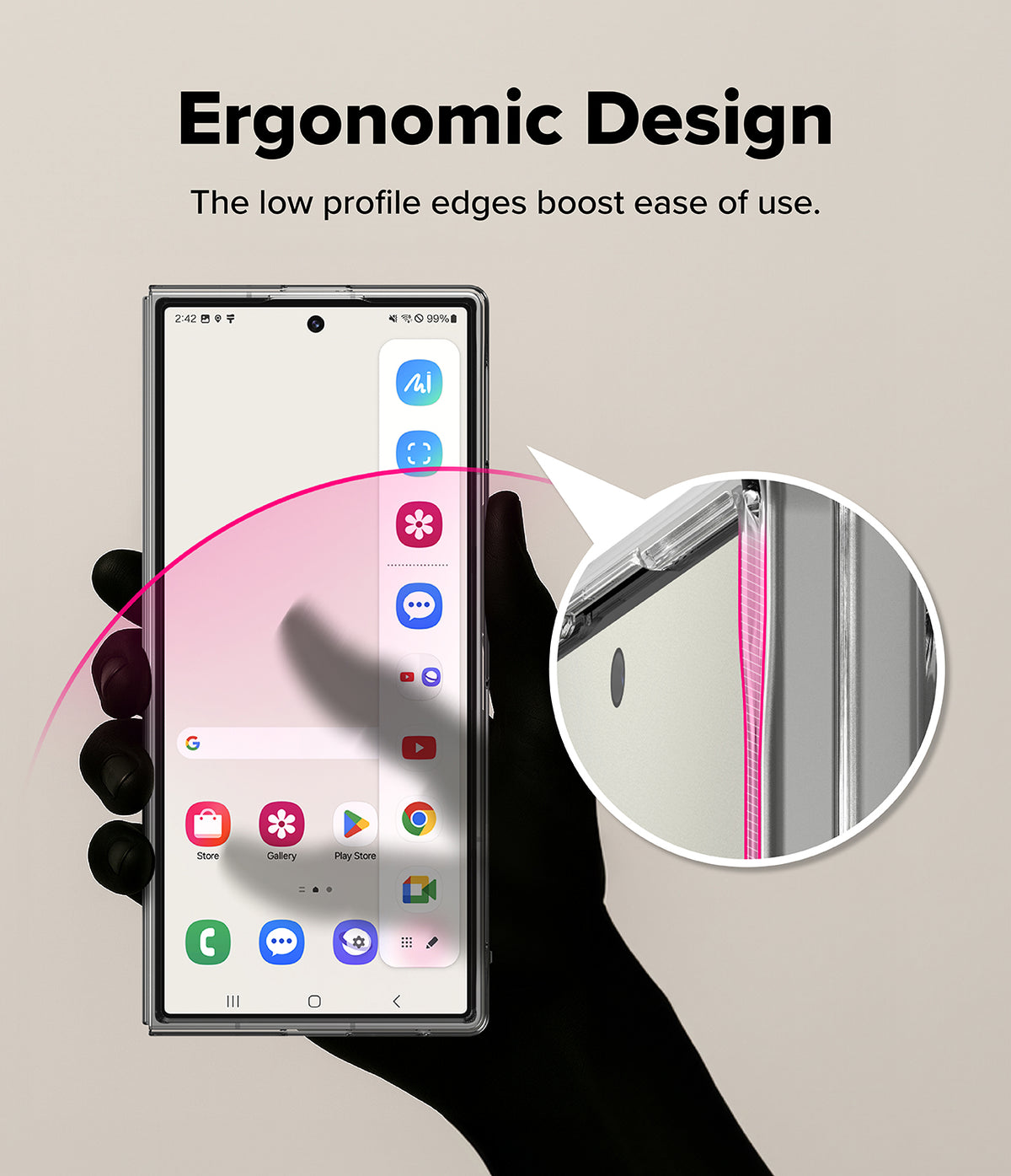 Galaxy Z Fold 7 Case | Slim Magnetic - Hand holding phone with zoomed-in view highlighting the slim, ergonomic case edge.