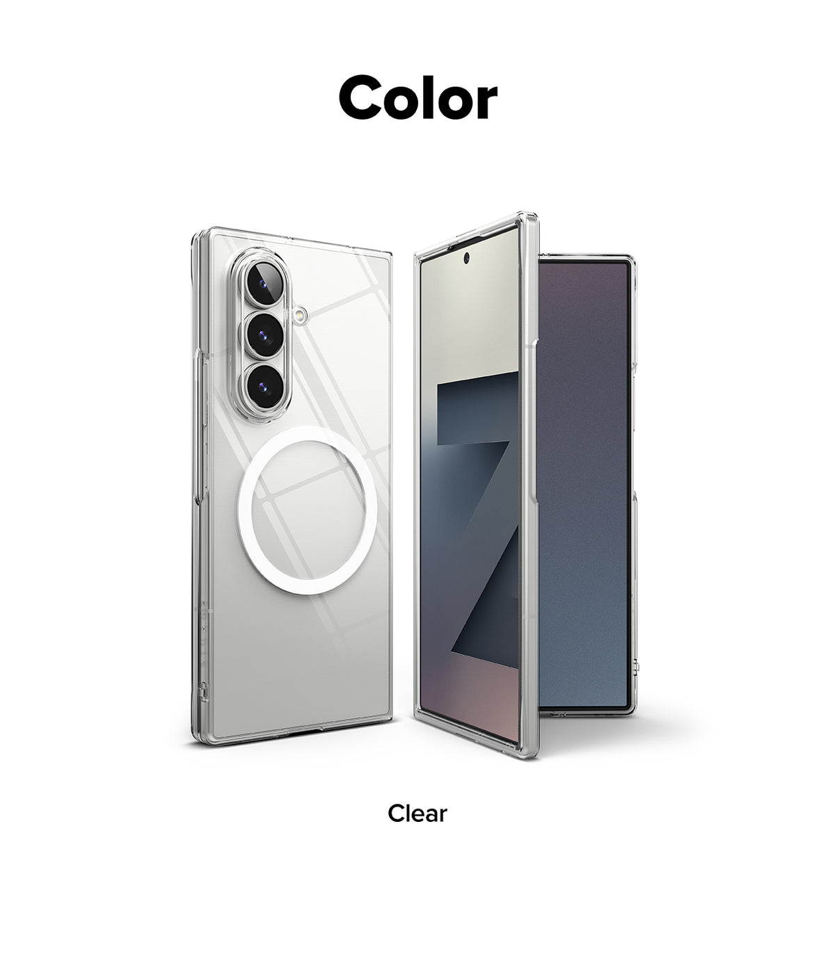 Galaxy Z Fold 7 Case | Slim Magnetic - Clear Galaxy Z Fold 7 in a transparent magnetic case, showing back and front views.