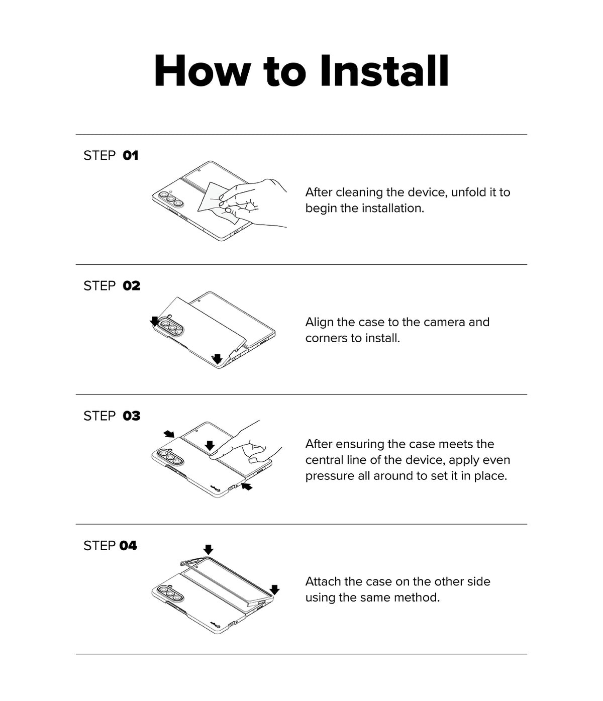 Galaxy Z Fold 7 Case | Slim Magnetic - Four-step installation guide showing cleaning, aligning, and pressing the case onto the phone.