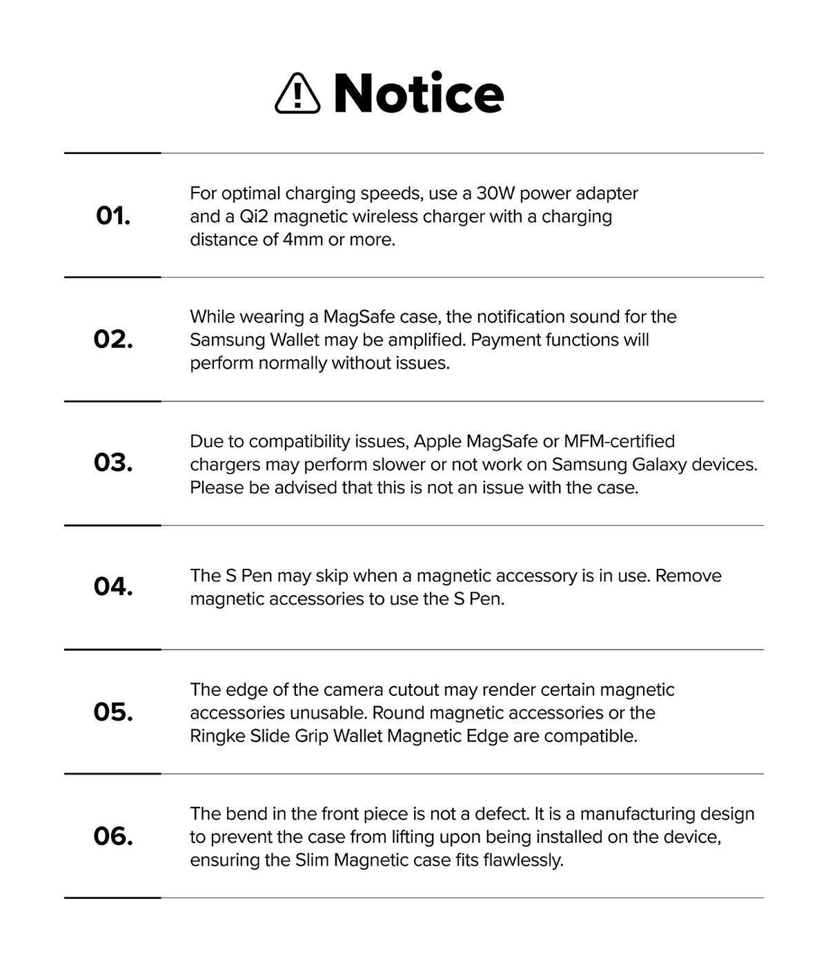 Galaxy Z Fold 7 Case | Slim Magnetic - A numbered list of six technical notices regarding charging, S Pen, and case fit.