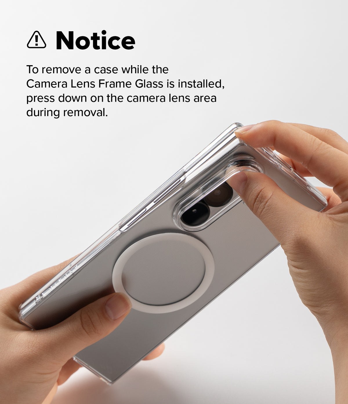 Galaxy Z Fold 7 Case | Slim Magnetic - Hands pressing down on the camera lens area to safely remove the phone case.
