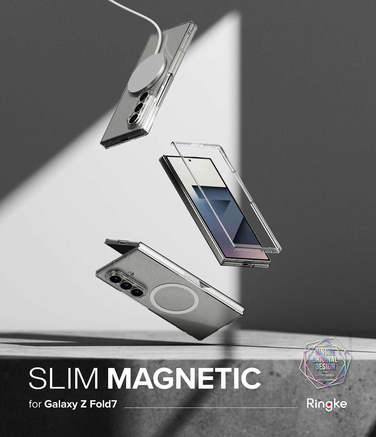 Galaxy Z Fold 7 Case | Slim Magnetic - Floating Galaxy Z Fold 7 phone parts and clear magnetic case against a gray background.