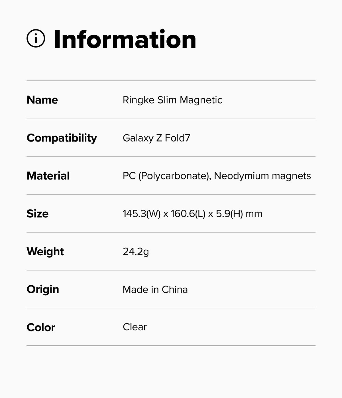 Galaxy Z Fold 7 Case | Slim Magnetic - Information table listing product name, compatibility, material, size, and weight.