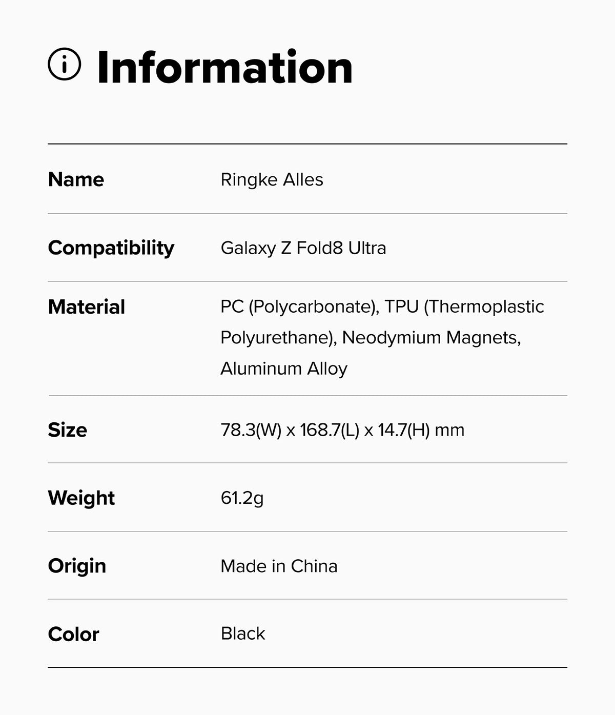 Galaxy Z Fold 8 Ultra Case | Alles - A black and white specification sheet showing product information for a Ringke Alles case compatible with the Galaxy Z Fold8 Ultra. The table lists material, size, weight, and origin, with the color specified as Black.