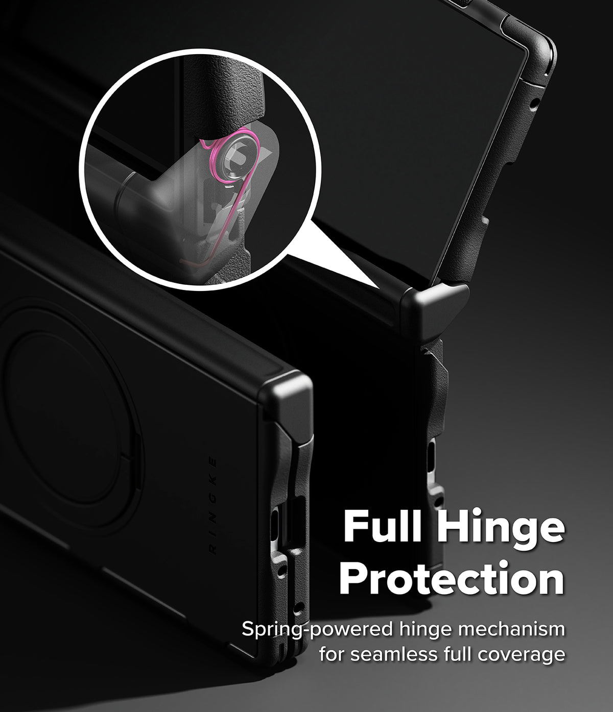 Galaxy Z Fold 8 Ultra Case | Alles - Black rugged phone case with a circular inset highlighting a spring-powered hinge mechanism, shown with the phone partially inserted and text reading 'Full Hinge Protection' on a dark gradient background.