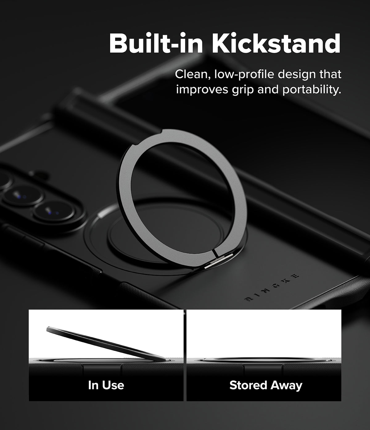 Galaxy Z Fold 8 Ultra Case | Alles - A black phone case with a built-in circular kickstand ring, shown on a dark background with marketing text reading 'Built-in Kickstand' and two small inset images demonstrating 'In Use' and 'Stored Away' positions.