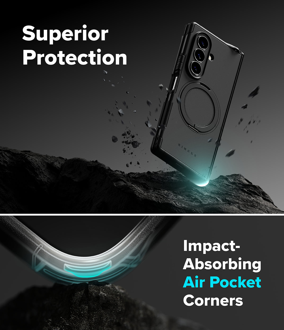 Galaxy Z Fold 8 Ultra Case | Alles - A dark gray protective phone case with a circular magnetic ring is shown floating above a rocky surface, with text reading 'Superior Protection' and 'Impact-Absorbing Air Pocket Corners.' The lower section shows a close-up of the curved corner protection with glowing cyan accents.