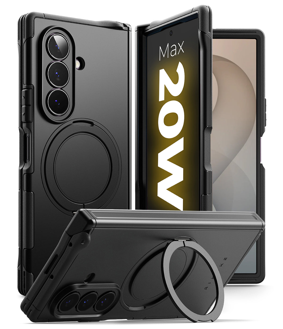 Galaxy Z Fold 8 Ultra Case | Alles - Black protective case for a foldable smartphone, shown in multiple angles with the phone inserted. The case features a circular magnetic ring on the back, a rugged raised edge, and a built-in kickstand, displayed on a clean white background.