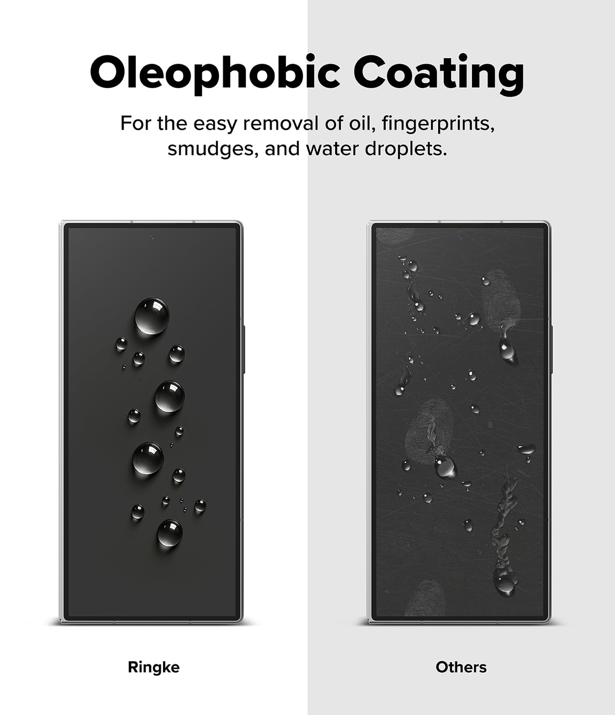 Galaxy Z Fold 8 Ultra Screen Protector | Cover Display Easy Slide Tempered Glass (2 Pack) - Promotional graphic for oleophobic coating on a smartphone screen, showing two black phone mockups side by side on a light gray background. The left phone has clean, glossy water droplets labeled 'Ringke,' and the right phone has smudged, less defined droplets labeled 'Others.