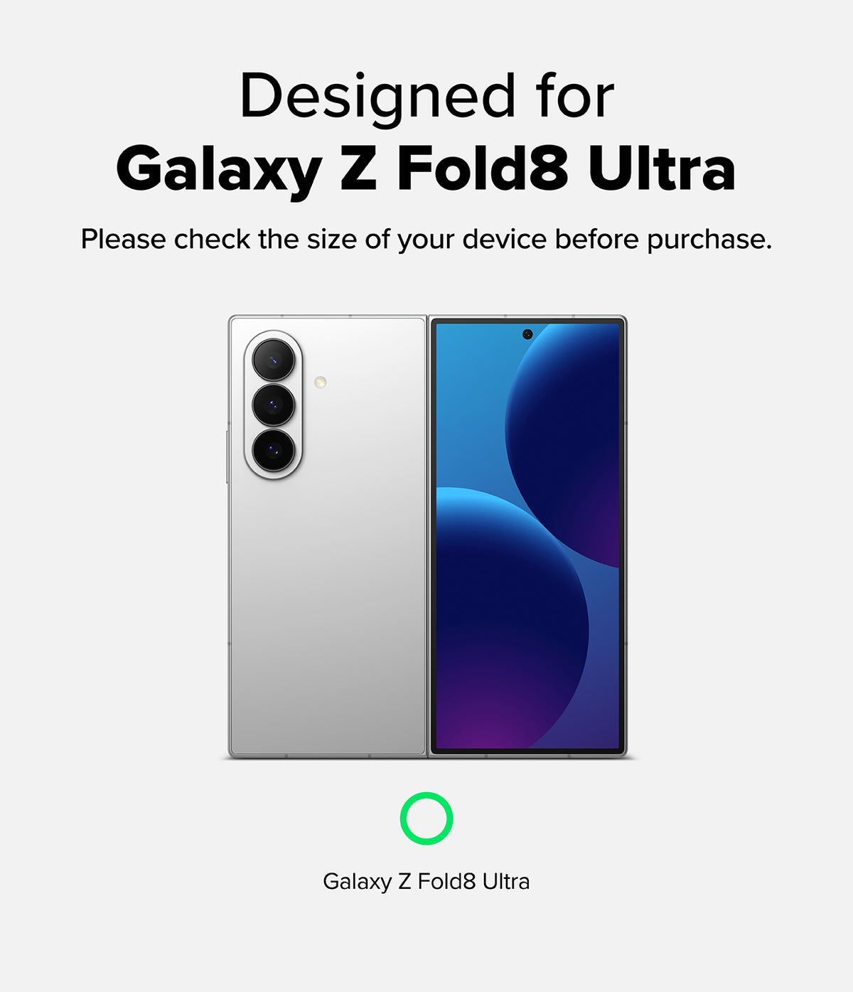 Galaxy Z Fold 8 Ultra Screen Protector | Cover Display Easy Slide Tempered Glass (2 Pack) - Promotional graphic for a Samsung Galaxy Z Fold8 Ultra smartphone, showing the silver folded-back back and front faces of the device on a light gray background, with text stating 'Designed for Galaxy Z Fold8 Ultra' and a green ring icon.