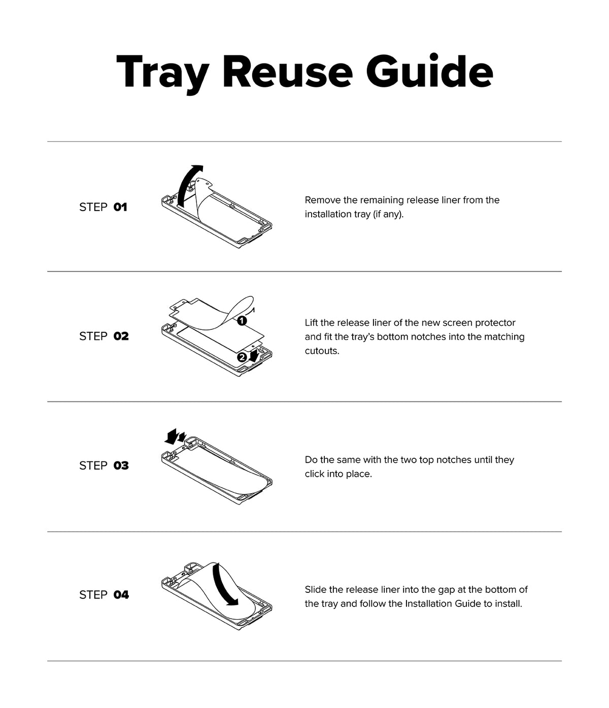 Galaxy Z Fold 8 Ultra Screen Protector | Cover Display Easy Slide Tempered Glass (2 Pack) - A Tray Reuse Guide diagram showing four numbered steps with line drawings and short instructions for removing and reinstalling a release liner from a tray.