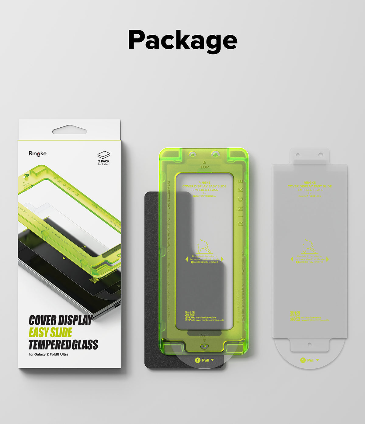 Galaxy Z Fold 8 Ultra Screen Protector | Cover Display Easy Slide Tempered Glass (2 Pack) - Ringke cover display tempered glass packaging set on a light gray background, featuring the retail box, a translucent lime-green protective display sleeve, a black sliding component, and a white removal tool under the heading 'Package'.