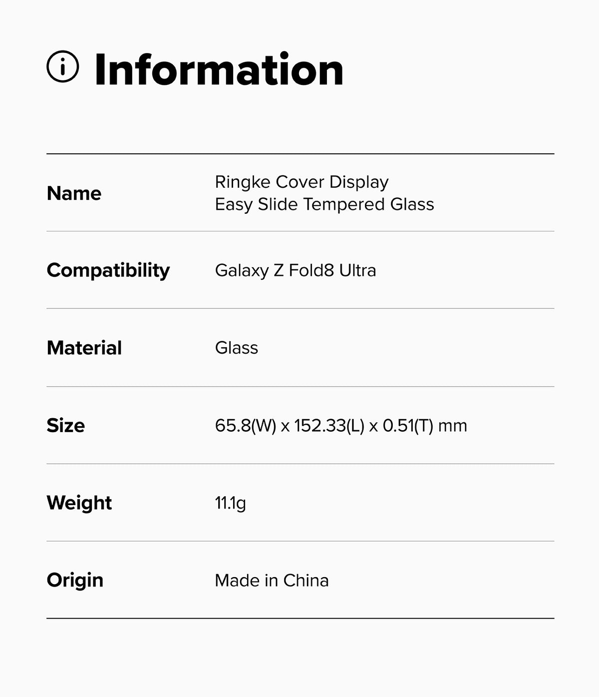 Galaxy Z Fold 8 Ultra Screen Protector | Cover Display Easy Slide Tempered Glass (2 Pack) - An information card detailing the specifications of a Ringke Cover Display glass protector for a Galaxy Z Fold Ultra, including material, size, weight, and origin.