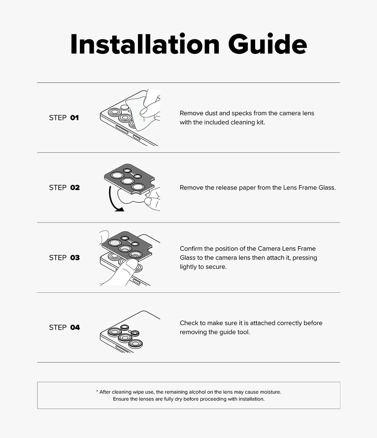 Galaxy Z Fold 8 Ultra | Camera Lens Frame Glass (2 Pack) - Four-step illustrated guide for installing a camera lens protector.