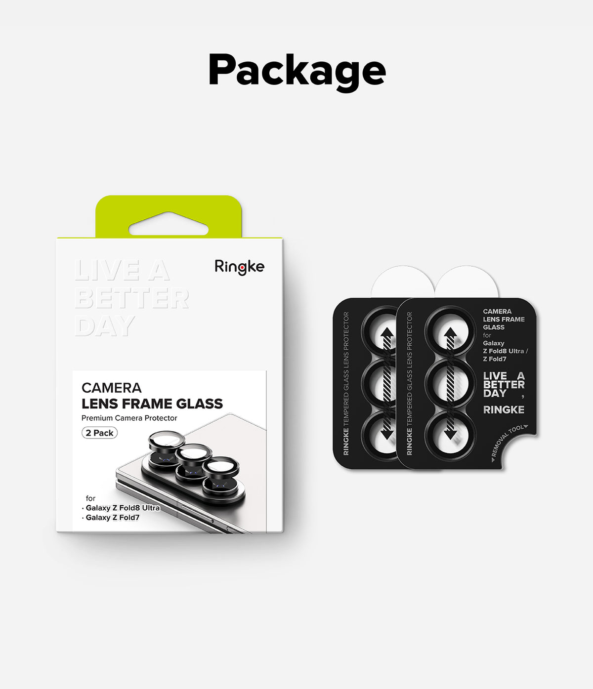 Galaxy Z Fold 8 Ultra | Camera Lens Frame Glass (2 Pack) - Ringke camera lens protector packaging and two black lens covers.