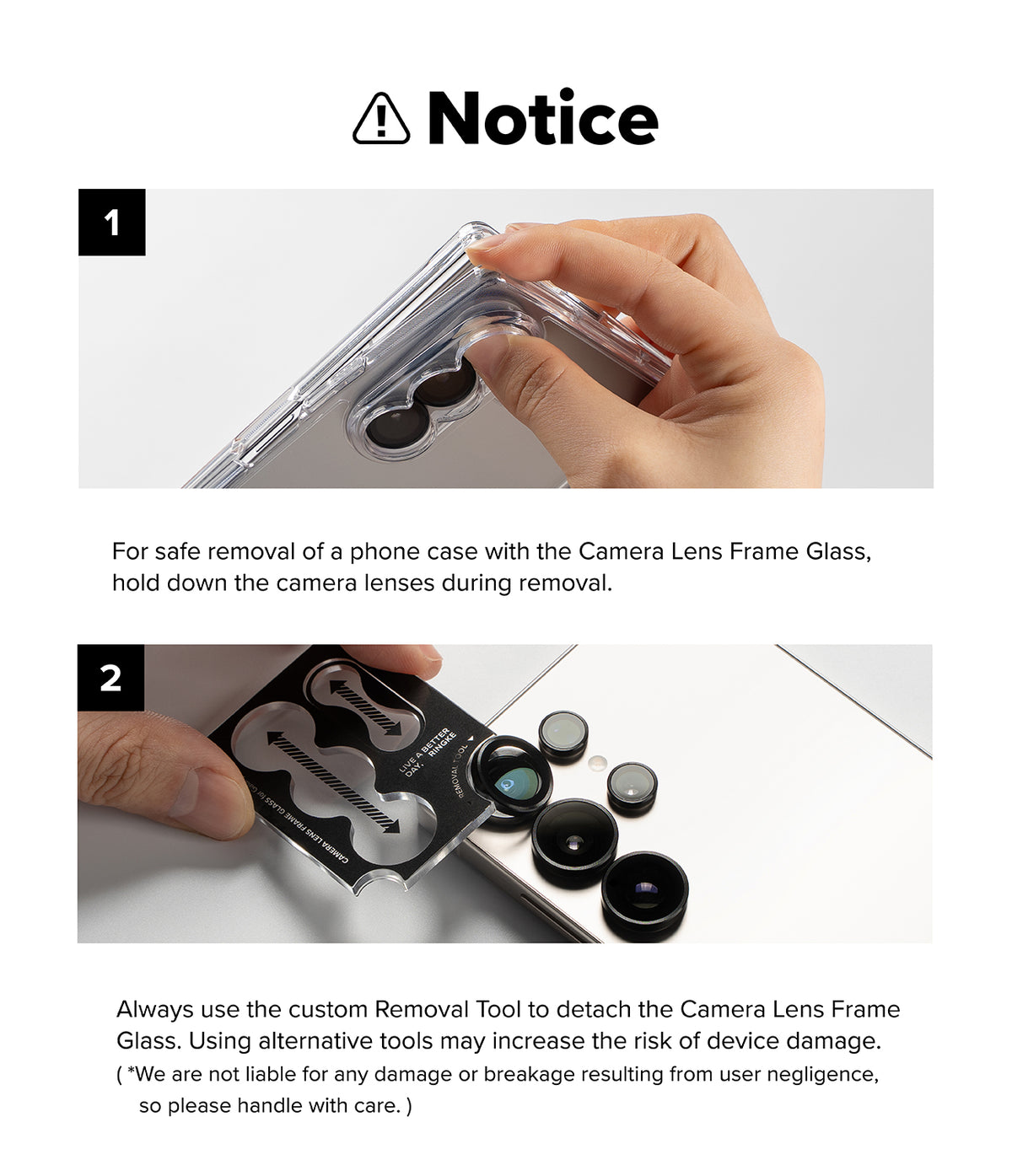 Galaxy Z Fold 8 Ultra | Camera Lens Frame Glass (2 Pack) - Removal notice showing how to safely detach a camera lens frame glass using the recommended removal tool.