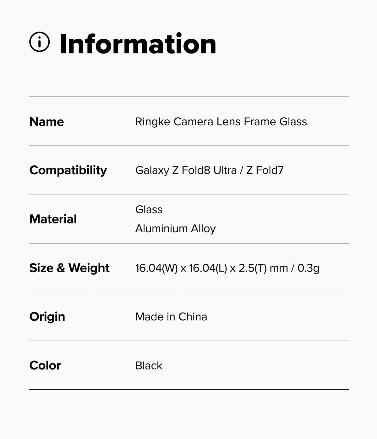 Galaxy Z Fold 8 Ultra | Camera Lens Frame Glass (2 Pack) - Specification table listing product name, compatibility, material, size, weight, origin, and color.