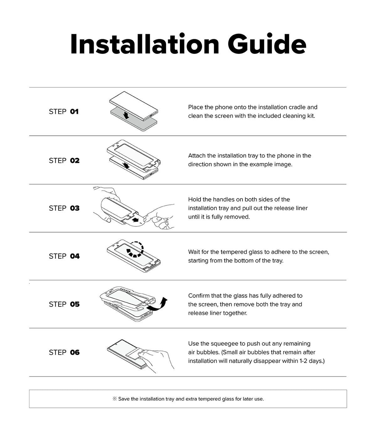 Galaxy Z Fold 8 Ultra Screen Protector | Cover Display Easy Slide 360° Privacy Tempered Glass (2 Pack) - A black and white Installation Guide sheet showing six numbered steps with simple line drawings of a phone and tempered glass being handled, with text instructions on how to install the glass onto the phone.